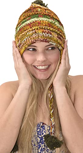 Hand Knitted 100% Merino Wool Ear Flap Snowboard Ski Chullo Peruvian Style Nepal Himalayan Sherpa Earflap Fleece Lined Winter Beanie Hat