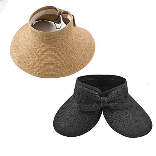 Womens Foldable Straw Sun Visor, Packable Roll‑Up Beach Hat with Wide Brim - color: Y - 2 Packs - Black, Khaki