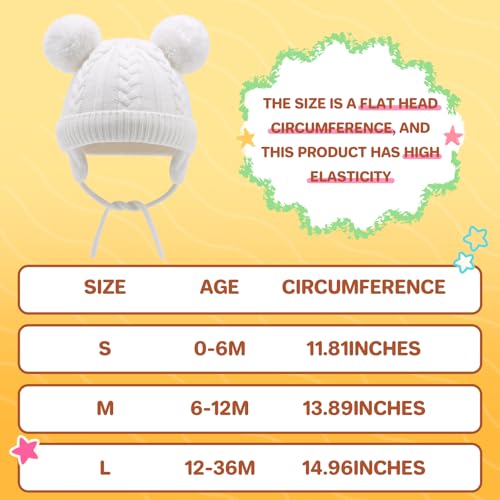 Duoyeree Toddler Winter Hat, Earflap Double Pom Pom Knit Beanie 0-36M - color: 1-white, size: 0-6 Months