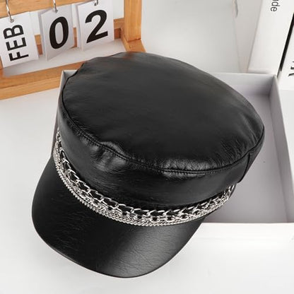 Women Metal Chain Flat Top PU Leather Newsboy Paperboy Hat Painter Cap - color: Chains Black