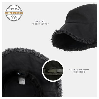 CHOK.LIDS Frayed Bucket Hat Washed Cotton Floppy Wide Brim Boonie Cap - color: Black