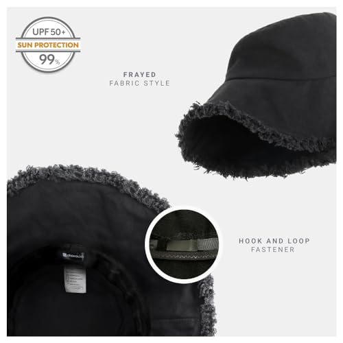 CHOK.LIDS Frayed Bucket Hat Washed Cotton Floppy Wide Brim Boonie Cap - color: Black