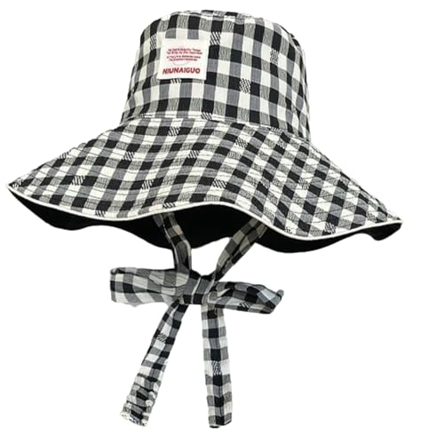 Sun Hats for Women Reversible Plaid Sun Cap Bucket Hat Wide Brim UV Protection Beach Hats 2025 Summer Travel Cap Fishing Hat - color: Black