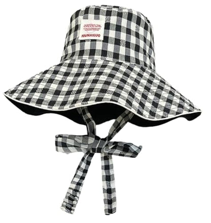 Sun Hats for Women Reversible Plaid Sun Cap Bucket Hat Wide Brim UV Protection Beach Hats 2025 Summer Travel Cap Fishing Hat - color: Black