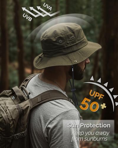 Hat Hut Mens Waterproof Bucket Rain Hat, UPF50+ Sun Hat, Wide Brim, Packable, All-Weather Outdoor Hiking Fishing Hats - color: Olive Green