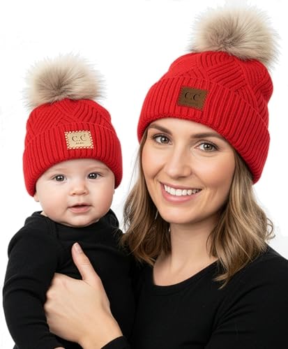 Funky Junque Mommy & Me Pom Pom Beanies Set – Infant Baby & Mom Matching Winter Outfits, Warm Newborn & Women's Beanie Hats - color: Diagonal Basketweave - Red