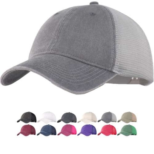 Vintage Washed Soft Crown Baseball Cap Plain Snapback Trucker Hat Men Women Adjustable Distressed Mesh-Back Ball Cap - color: Grey, size: One Size