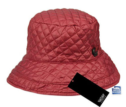 Foldable Water Repellent Quilted Rain Hat w/Adjustable Drawstring, Bucket Cap - color: Red