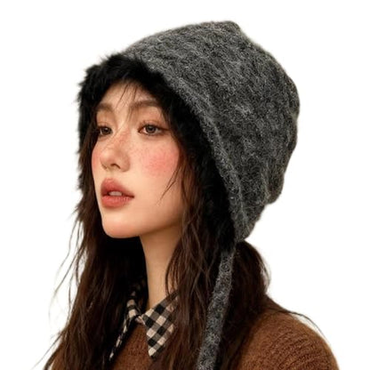 Women Winter Fleece Beanies Hat with Ear Flaps Soft Warm Crochet Skull Cap - color: B Grey