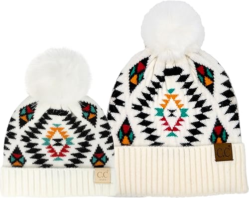 Funky Junque Mommy & Me Pom Pom Beanies Set – Infant Baby & Mom Matching Winter Outfits, Warm Newborn & Women's Beanie Hats - color: Aztec - White