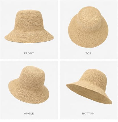 Natural Raffia Straw Bucket Hat for Women Sun Beach Handmade Raffia Woven Bucket Hat Foldable Summer Cap - color: Natural Raffia(brim3.9")