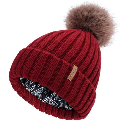 FURTALK Womens Winter Beanie Hat Satin Lined Faux Fur Pom Pom Beanies Hat for Women Winter Warm Knit Hats - color: Wine Red