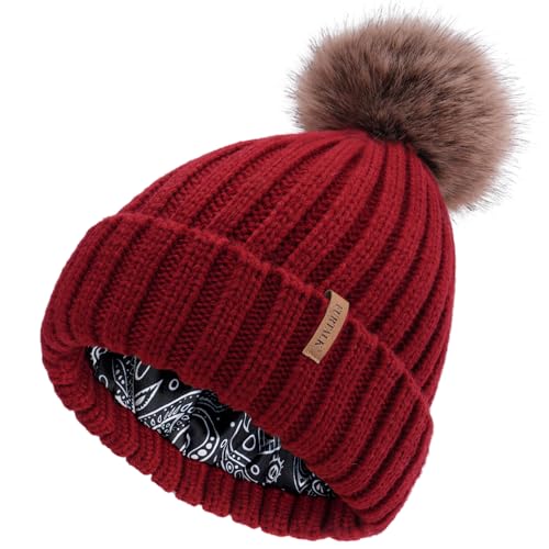 FURTALK Womens Winter Beanie Hat Satin Lined Faux Fur Pom Pom Beanies Hat for Women Winter Warm Knit Hats - color: Wine Red