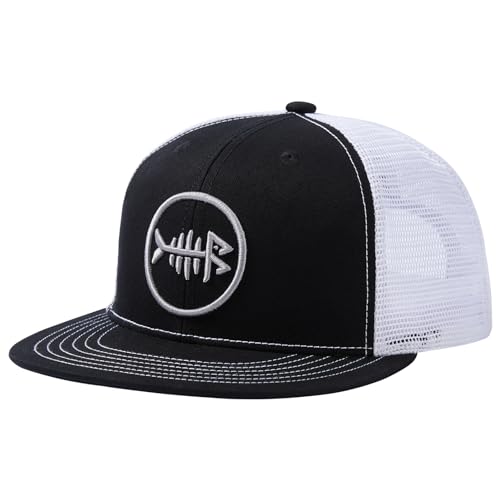 BASSDASH Flat Brim Trucker Cap Adjustable Snapback Hat Mesh Back for Men Women - color: Black and White