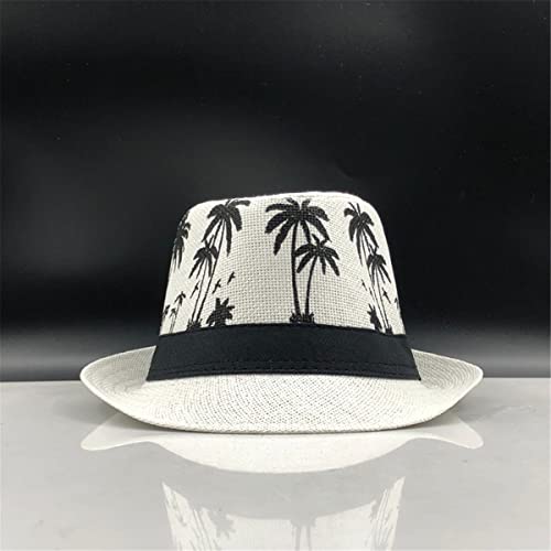 ECYC Ltd Panama Straw Hats Short Brim Fedora Straw Hat Trilby Hat Palm Tree Print Summer Beach Sun Hat Cap for Men Women - color: White