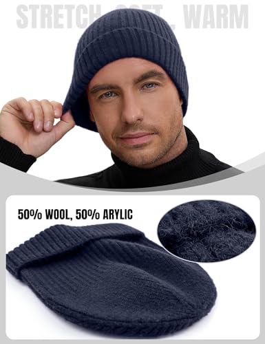 vidsel 50% Wool Double Cuff Beanie Hat for Men Women, Warm Winter Knit Cap - color: Navy Blue