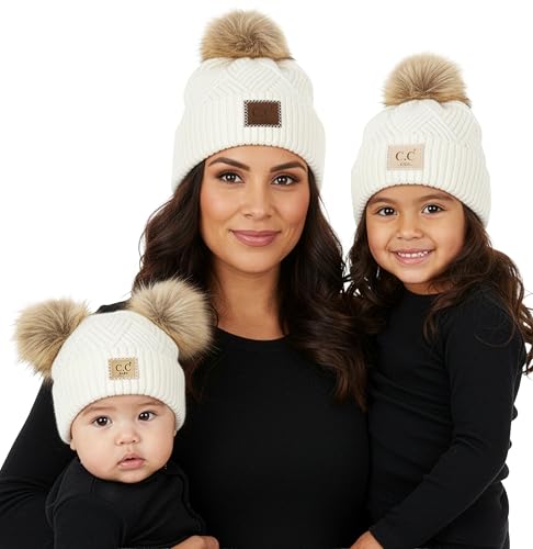 Funky Junque Mommy & Me Double Pom Beanies 3-Pack Matching Winter Hats for Mom, Toddler & Infant Girls, Cozy Knit Family Set - color: Diagonal Basketweave - White