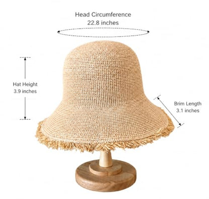 Natural Raffia Straw Bucket Hat for Women Sun Beach Handmade Raffia Woven Bucket Hat Foldable Summer Cap - color: Natural Raffia