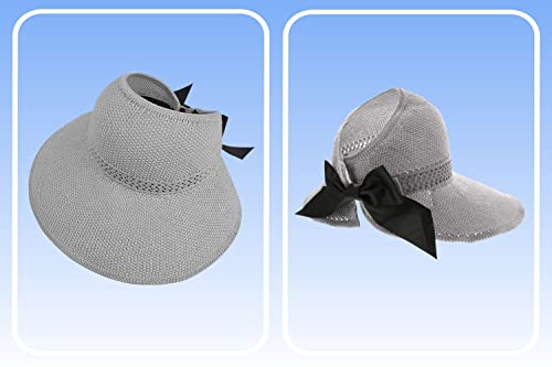 Straw Sun Visor for Women, Wide Brim UPF 50+ Protection Beach Hat, Adjustable, Roll Up Foldable Ponytail Cap with Chin Strap - color: A Light Grey