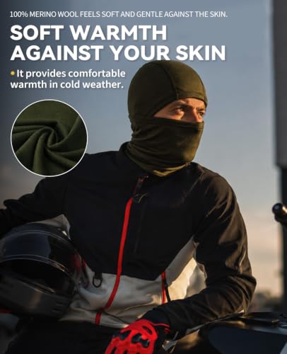 100% Merino Wool Balaclava Men Women Thermal Ski Mask Winter Face Mask - color: Army Green