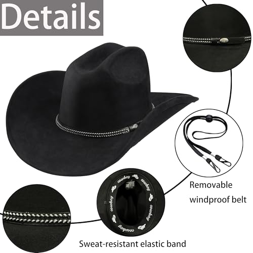 Western Cowboy Hat for Men Women,Shapeable Wide Brim Felt Fedora Classic Cowgirl Hats for Cowboys and Cowgirls,with bolo tie - color: Black-b, size: Medium-Large
