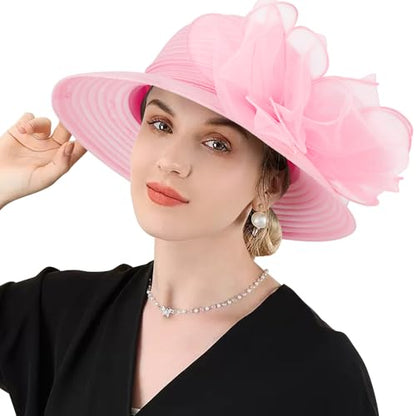 DRESHOW Lady Derby Dress Church Bowler Cloche Hat Bowknot Organza Bridal Cap for Wedding - color: 1 Pack Bowler Hat: Pink