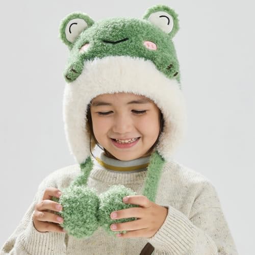 KORADI Girls Animals Knit Hats Winter Plush Beanies Hat Boys Warm Earflap Cute Cartoon Ski Cap Kid with Pom 2-12 Years - color: Green
