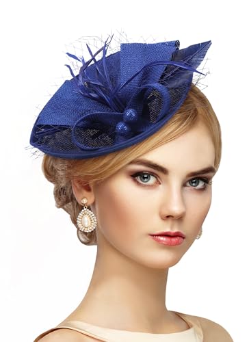Zinniday Fascinator Tea Party Hat - 2026 Derby Pillbox Kentucky Hat for Women (7.87x5.9inch) - color: Dark Blue