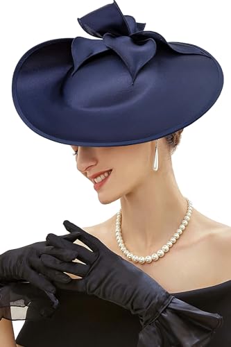 BABEYOND Derby Fascinators Hats for Women Wide Brim Tea Party Flower Hat - color: Navy Blue