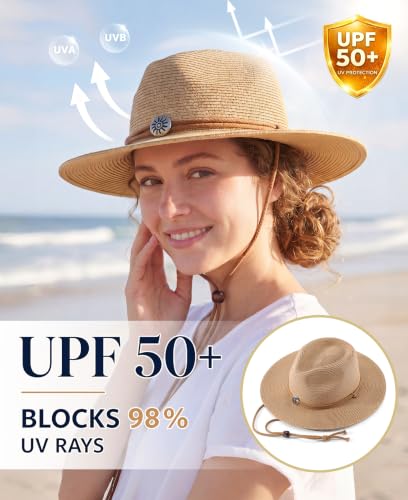 Home Prefer UPF50+ Men's Wide Brim Straw Fedora Sun Hat with Badge Lanyard - color: Brown