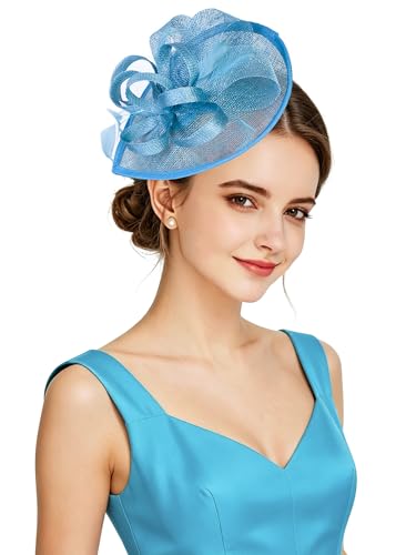 Z&X Sinamay Fascinator Hat Floral Feather Pillbox Derby Hats for Women Wedding Tea Party with Headband Clip - color: 016 Blue