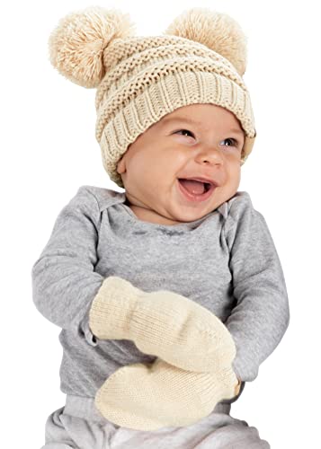 Funky Junque Baby Double Faux Fur Pom Pom Beanie & Mittens Set – Newborn Infant 0–9 Months Winter Hat with Soft Lined Mittens - color: Beige (0-9 Mo)