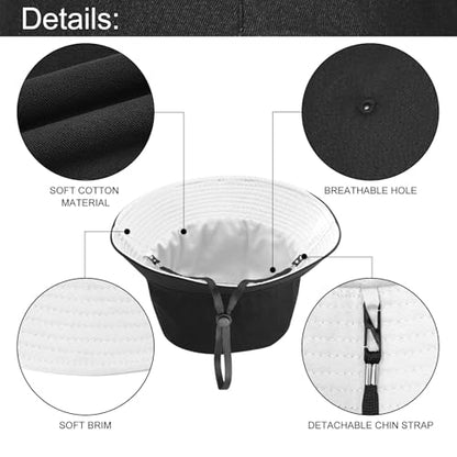 Oversize XXL Bucket Hat, Reversible Cotton Fisherman Hats, Unisex Double Side Wear Bucket Sun Hats with Chin Strap - color: Black-white, size: X-Large