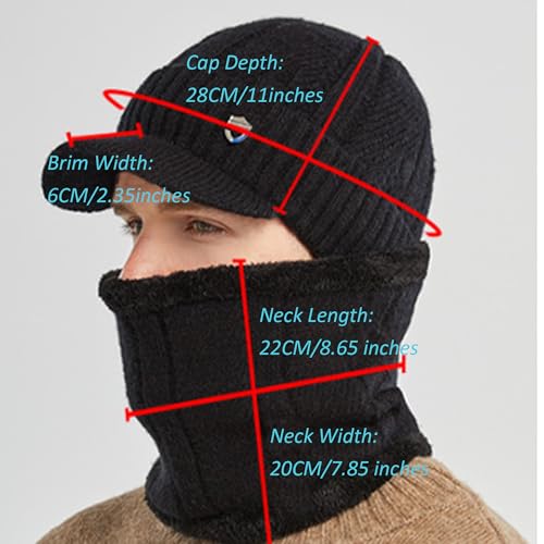 Women-Men Warm Ski-Masck-Hat Fleece-Lined Knit-Beanie-Hat with-Scarf Plush Balaclava Hat Winter Black