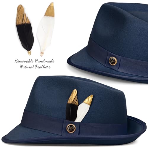 Fedora Hats for Men & Women Short Brim Felt hat Trilby Fedora with Feather Panama Dress Hat - color: Navy, size: Medium