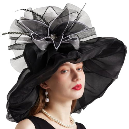 Women Organza Church Derby Hat Wide Brim Sun Caps for Wedding Tea Party Hat with Detachable hat Flower as Headgear - color: 10-black