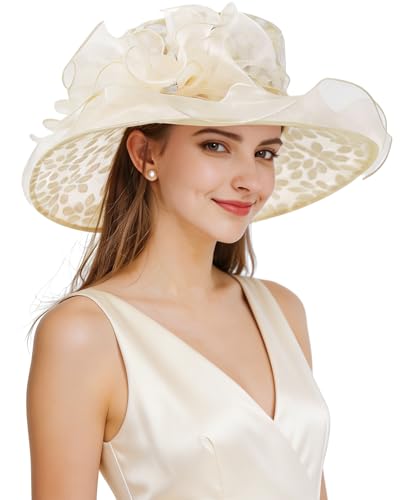 Z&X Organza Church Fascinator Wedding Tea Party Derby Hats for Women Flower Wide Brim Sun Hats - color: 01b Beige