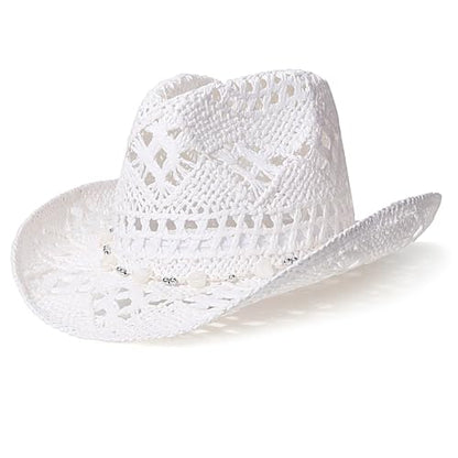 AQOKKA Straw Cowboy Hats for Women Men Western Cowgirl Hats with Shapeable Brim Woven Hollow Out Unisex Beach Roll Up Caps - color: Cowboy Hat : Solid White