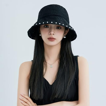 Summer Hats Women 2026 Fashionable Wide Brim Bucket Hat Lace Sunhat Slouchy - color: Black