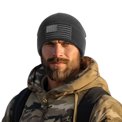 OUTDOOR SHAPING American Flag Fleece Beanie with Embroidered Patch Hat - color: Black+grey