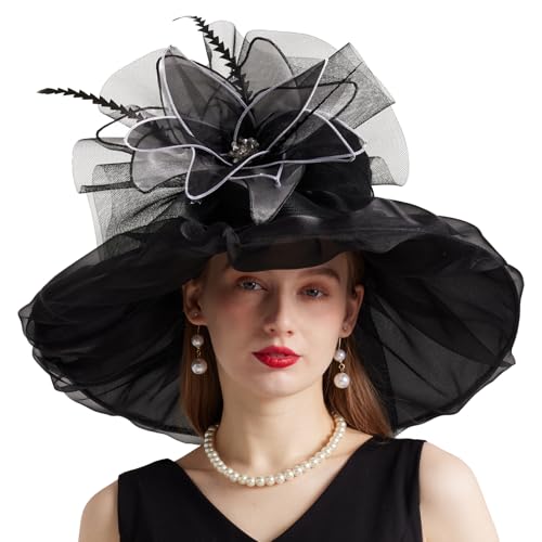 Women Organza Church Derby Hat Wide Brim Sun Caps for Wedding Tea Party Hat with Detachable hat Flower as Headgear - color: 10-black