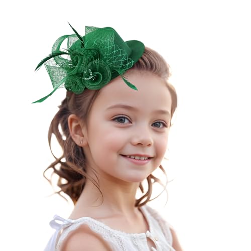 Zinniday Girls Mini Fascinators Hats - Dark Green Kentucky 2026 Hat with Hair Clip Veil Feather Small Elegant Church Victoria Derby Fascinator for Women Little Girl Porm Masquerade Dress Up - color: Dark Green
