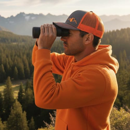 LINDO Trucker Hat [ Great Outdoors Design ] for Men and Women: Mid Profile Cap with Breathable Mesh Back and Adjustable Snap - color: Graphite/Orange