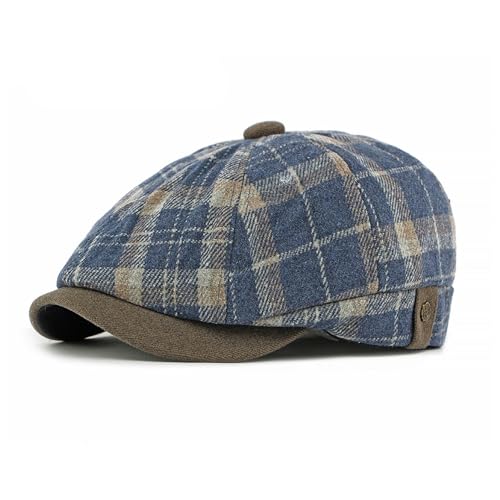 Men's Faux Woolen Tweed Plaid Ivy Cabbie Gatsby Newsboy Golf Paperboy Hat Cap - color: 877blue