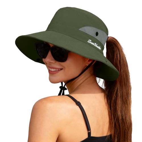 ZOORON Women's Ponytail Safari Sun Hat,Wide Brim UV Protection Bucket Hat - color: 1-puregreen
