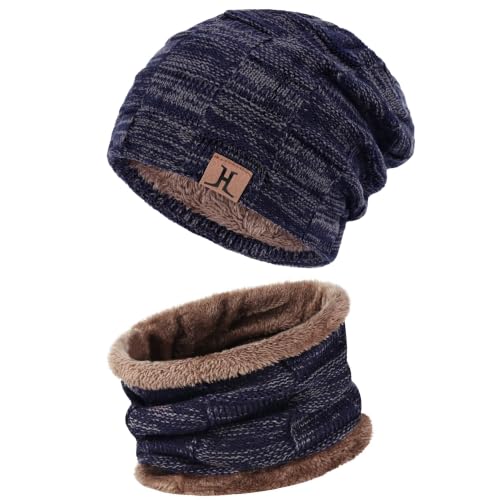 FZ FANTASTIC ZONE Men's Winter Beanie Hats Neck Warmer Warm Infinity Scarf - color: Navy Blue