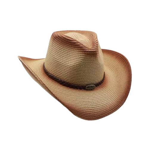 Straw Cowgirl Hat for Women Cowboy Hats for Men Wide Brim Sun Hat Shapeable Western Hat Beach Hat - color: Beige-coffee