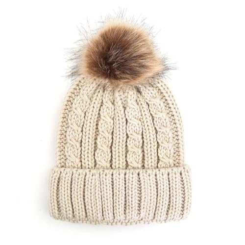 C.C Kids' Suede Patch Snuggly Soft Warm Knit Pom Cuff Beanie - color: Cable Knit Faux Fur, Beige