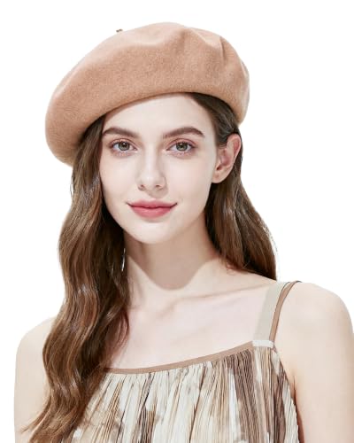French Beret Hats for Women - Wool Solid Color Beanie Cap - color: Camel