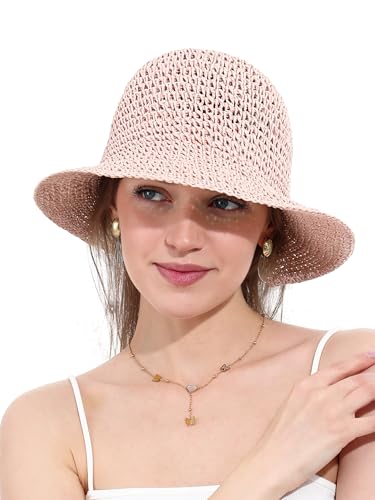 sy soul young Women's Straw Sunhat Wide Brim Hand Woven Beach Bucket Hat - color: Pink